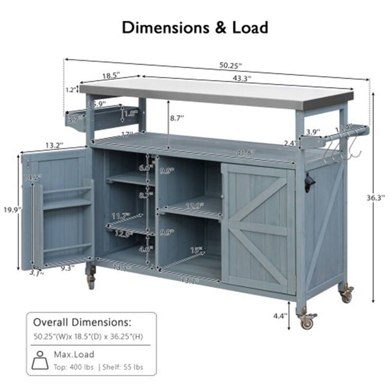 Dimensions & Load

Overall Dimensions: 50.25" (W) x 18.5" (D) x 36.25" (H)

Max. Load
Top: 400 lbs
Shelf: 55 lbs