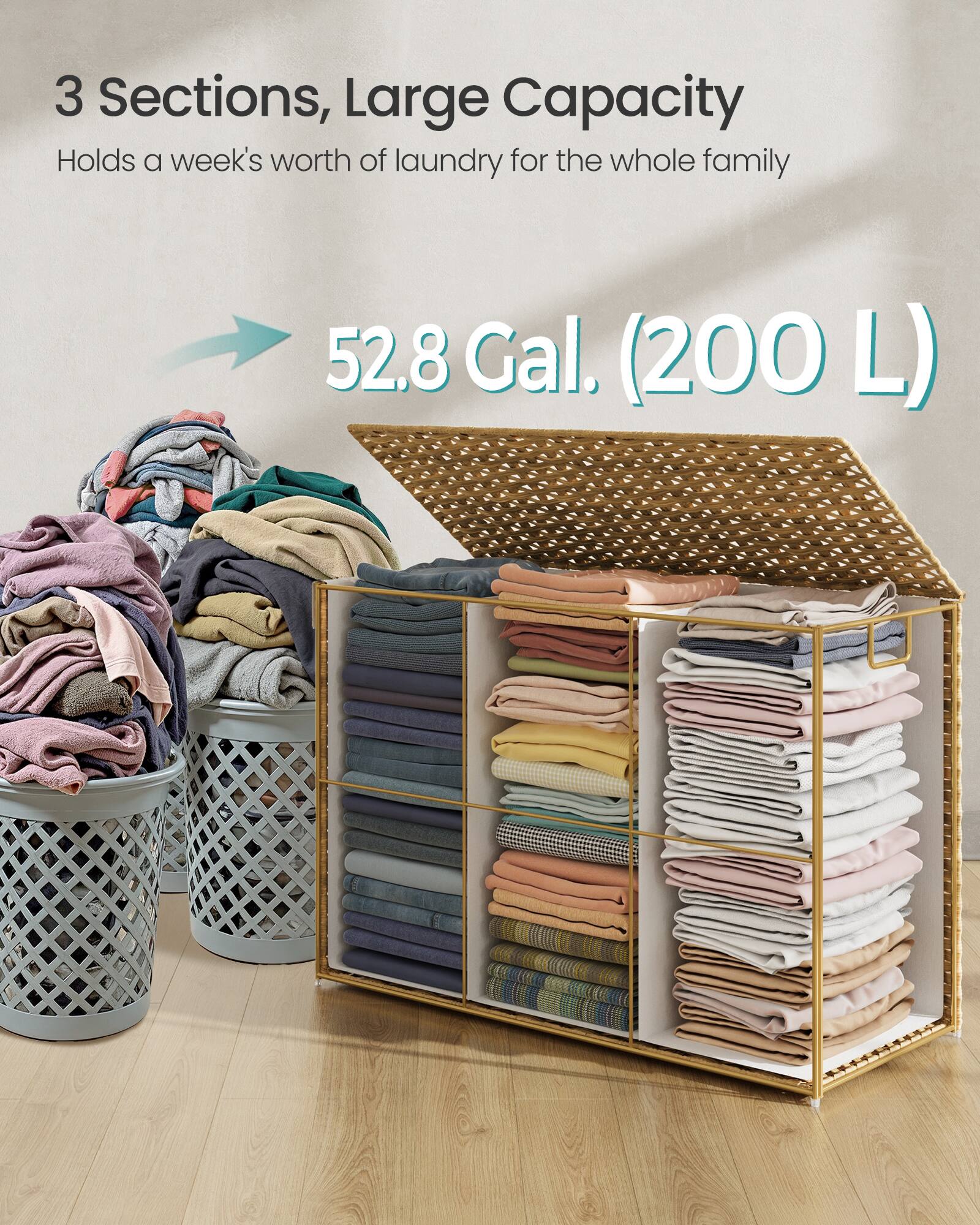 3 Sections, Large Capacity  
Holds a week's worth of laundry for the whole family  
52.8 Gal. (200 L)