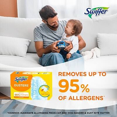Swiffer Dusters  
Removes up to 95% of allergens*  
Common inanimate allergens from cat and dog dander & dust mite matter  

*95% of common inanimate allergens from cat and dog dander & dust mite matter
