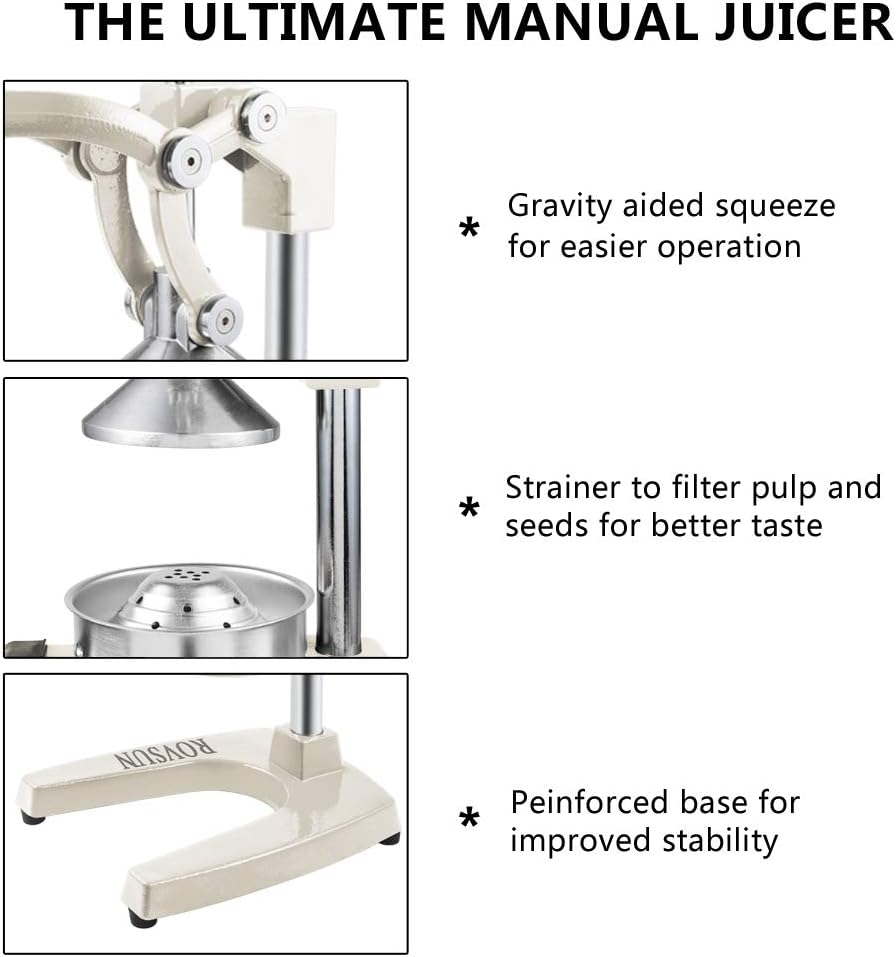 THE ULTIMATE MANUAL JUICER

- Gravity aided squeeze for easier operation
- Strainer to filter pulp and seeds for better taste
- Peinforced base for improved stability