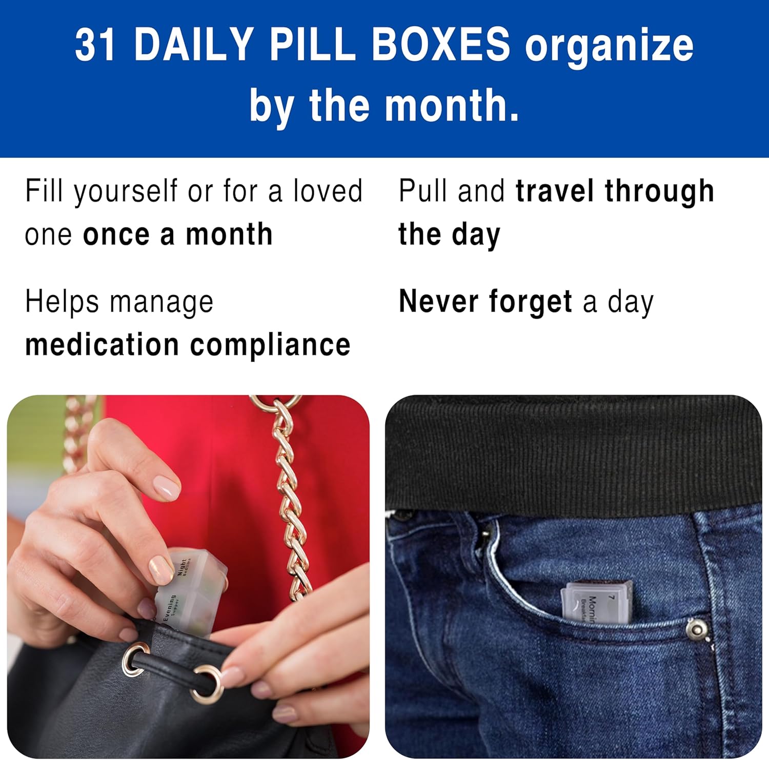 31 DAILY PILL BOXES organize by the month.  
Fill yourself or for a loved one once a month  
Helps manage medication compliance  
Pull and travel through the day  
Never forget a day