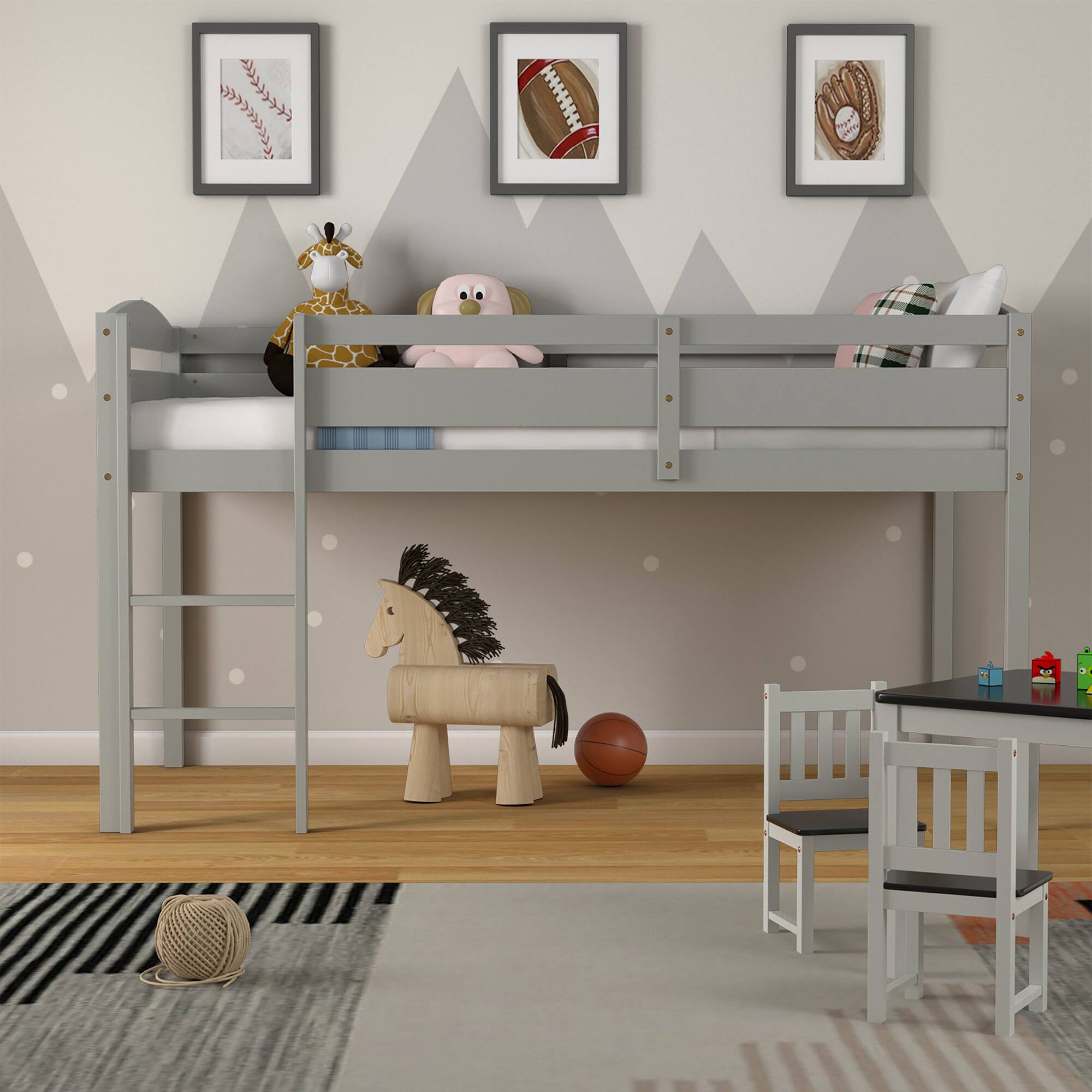 Alt View 8. Costway - Costway Twin Low Loft Bunk Junior Bed Bedroom Wooden Guard Rail Ladder - Grey.