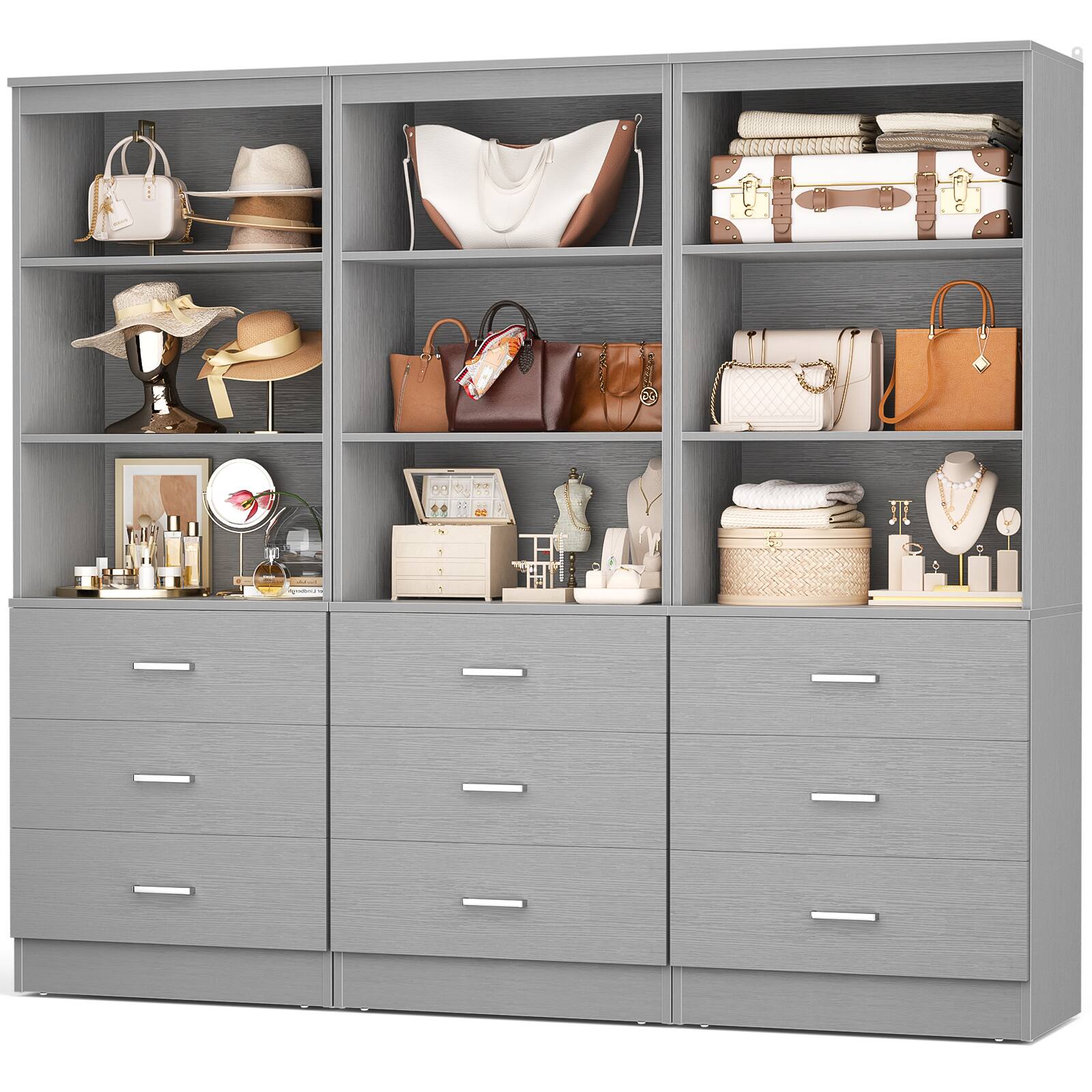 Angle. Aheaplus - 71'' Tall Pantry Cabinet, Freestanding Kitchen Storage Cabinet with 3 Drawers and Shelves, 3 Pack - Gray.