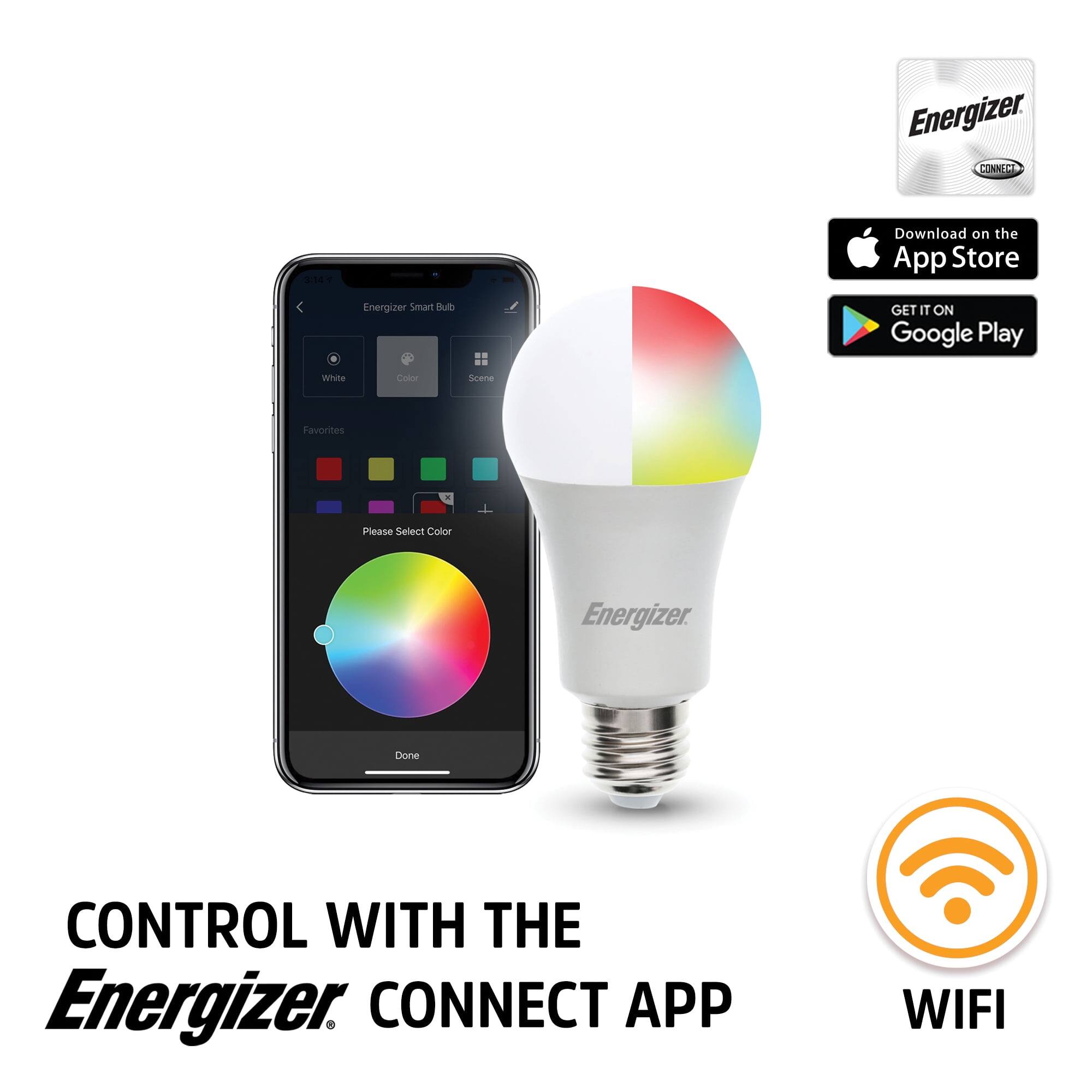 Energizer. CONNECT

Download on the App Store  
GET IT ON Google Play

White Color Scene Favorites  
Please Select Color  
Done

CONTROL WITH THE  
Energizer CONNECT APP  
WIFI