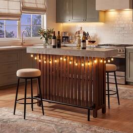Loheer - Bar Table with Wine Storage, Counter Height Dining Table with Footrest and Slatted Panels - Natural and Gray