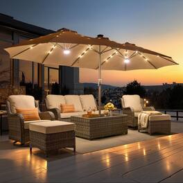 Ovios - 15ft Large Patio Umbrella with Base Outdoor Rectangle Umbrella with Warm White Solar LED Lights - Khaki