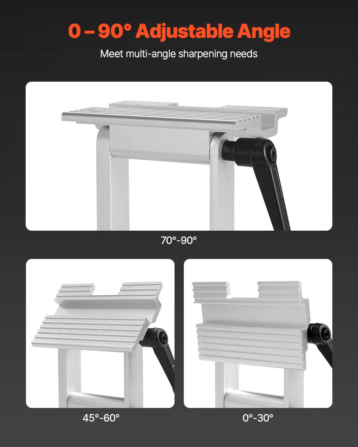 0-90° Adjustable Angle  
Meet multi-angle sharpening needs  

70°-90°  
45°-60°  
0°-30°