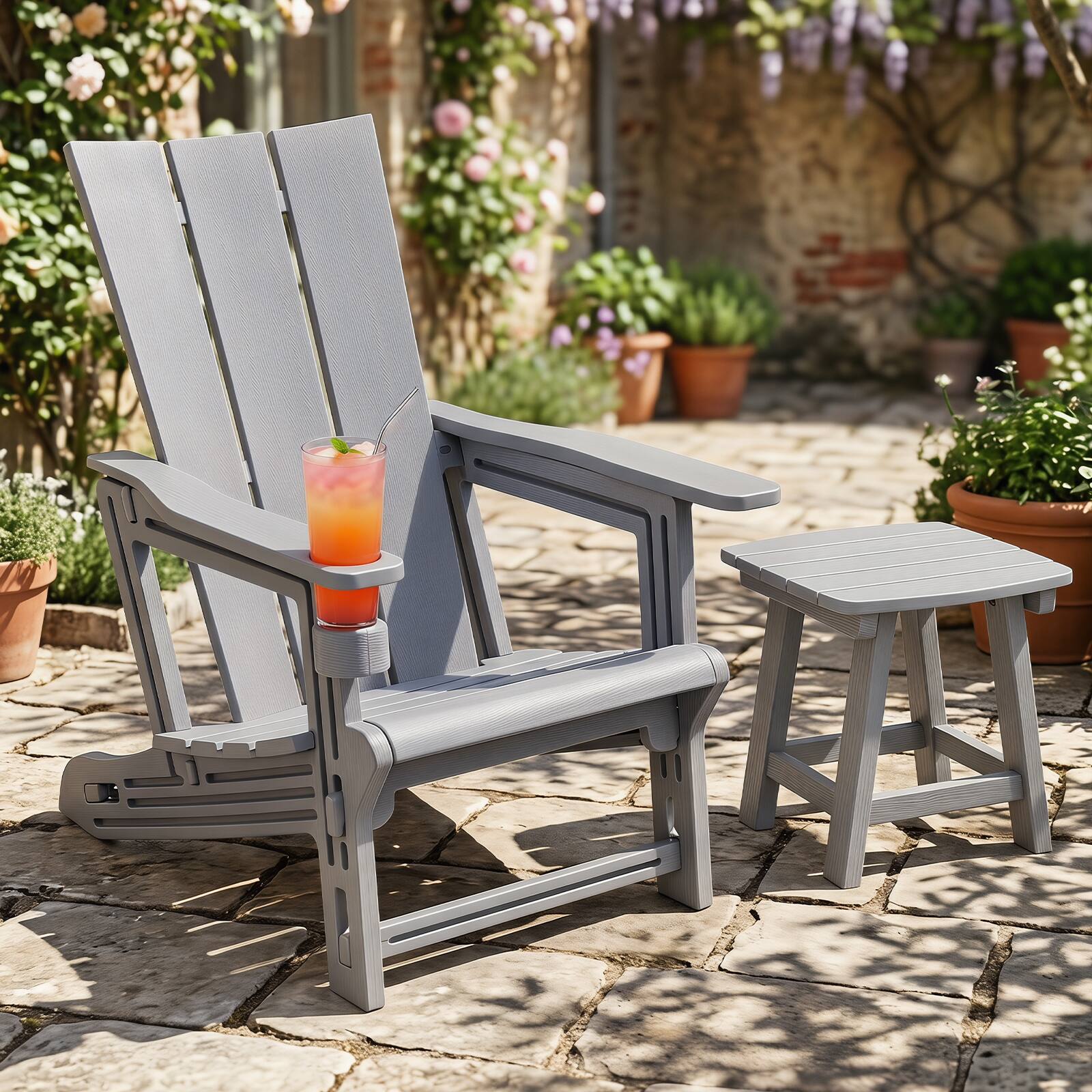 Alt View 3. Gymax - Gymax Adirondack Chairs Set of 4 w/ Cup Holder Wood Texture for Garden Backyard - Gray.