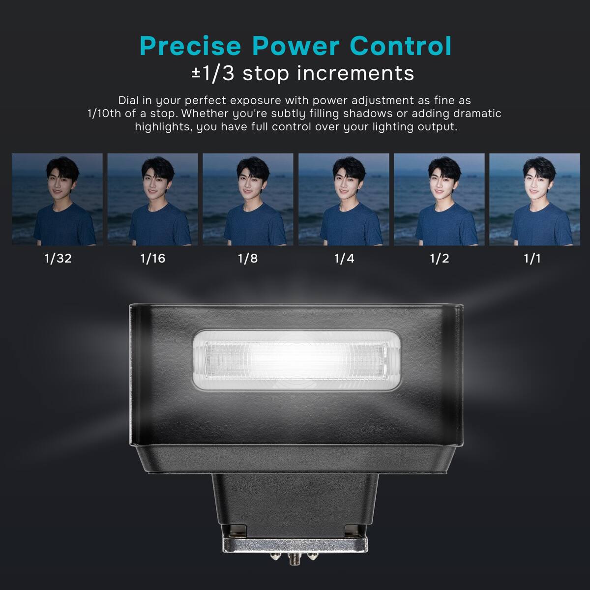 Precise Power Control #1/3 stop increments  
Dial in your perfect exposure with power adjustment as fine as 1/10th of a stop. Whether you're subtly filling shadows or adding dramatic highlights, you have full control over your lighting output.  

1/32  
1/16  
1/8  
1/4  
1/2  
1/1