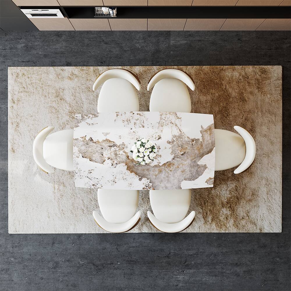 Alt View 10. POVISON - 71"-95"Extendable Modern Gold Dining Table for 6-10, Rectangular Glossy Sintered Stone Tabletop, Bronze Carbon Steel Leg - Pandora Sintered Stone with Bronze.