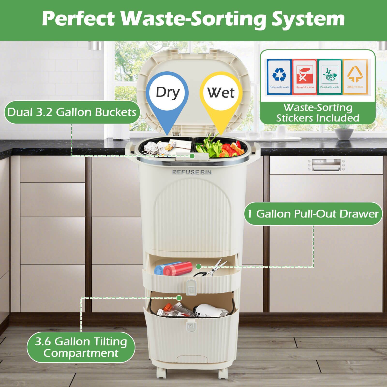 Perfect Waste-Sorting System

- Dual 3.2 Gallon Buckets
  - Dry
  - Wet

- 3.6 Gallon Tilting Compartment

- 1 Gallon Pull-Out Drawer

- Waste-Sorting Stickers Included
  - Recyclable waste
  - Harmful waste
  - Perishable waste
  - Other waste
