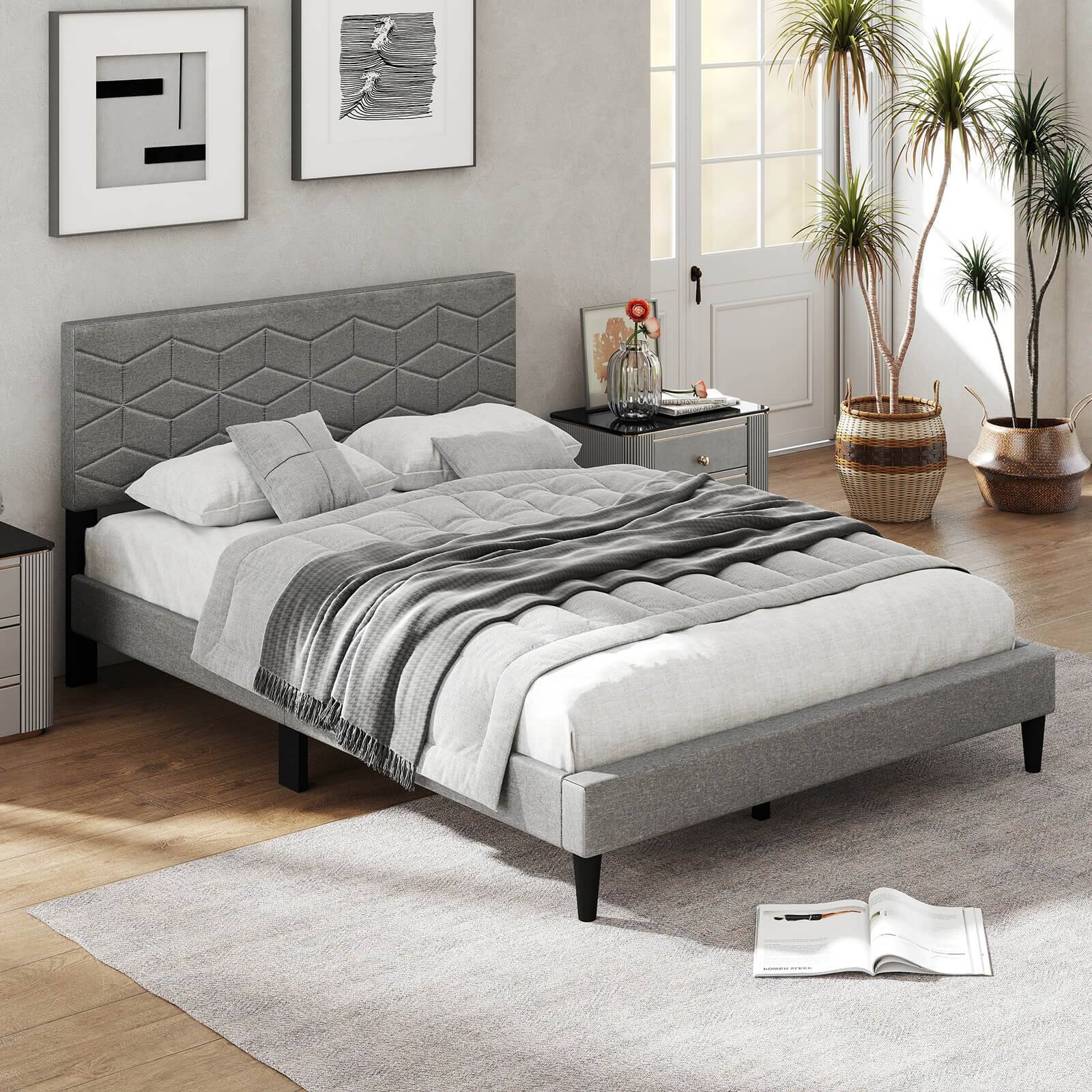 Alt View 5. Costway - Costway Full Size Bed Frame with Linen Fabric Upholstered Headboard & Wooden Slat Support - Gray.