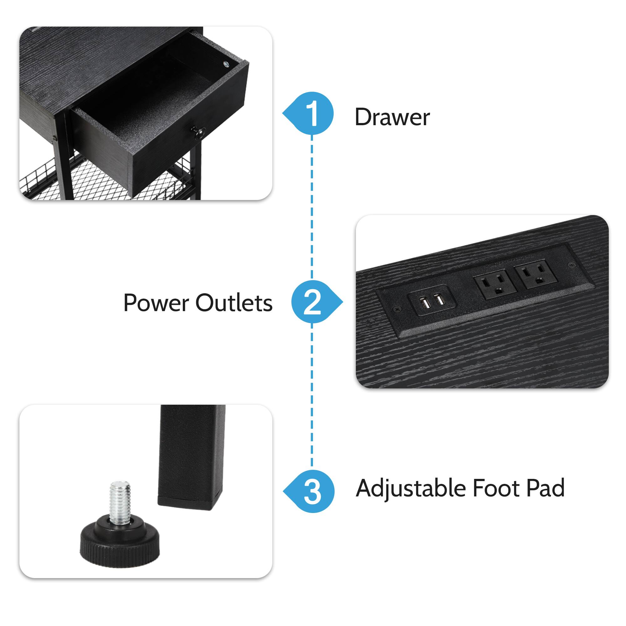 1. Drawer  
2. Power Outlets  
3. Adjustable Foot Pad