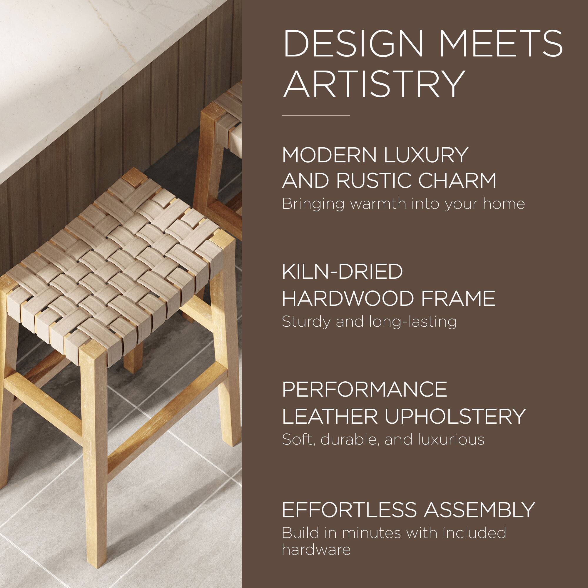 DESIGN MEETS ARTISTRY

MODERN LUXURY AND RUSTIC CHARM  
Bringing warmth into your home

KILN-DRIED HARDWOOD FRAME  
Sturdy and long-lasting

PERFORMANCE LEATHER UPHOLSTERY  
Soft, durable, and luxurious

EFFORTLESS ASSEMBLY  
Build in minutes with included hardware