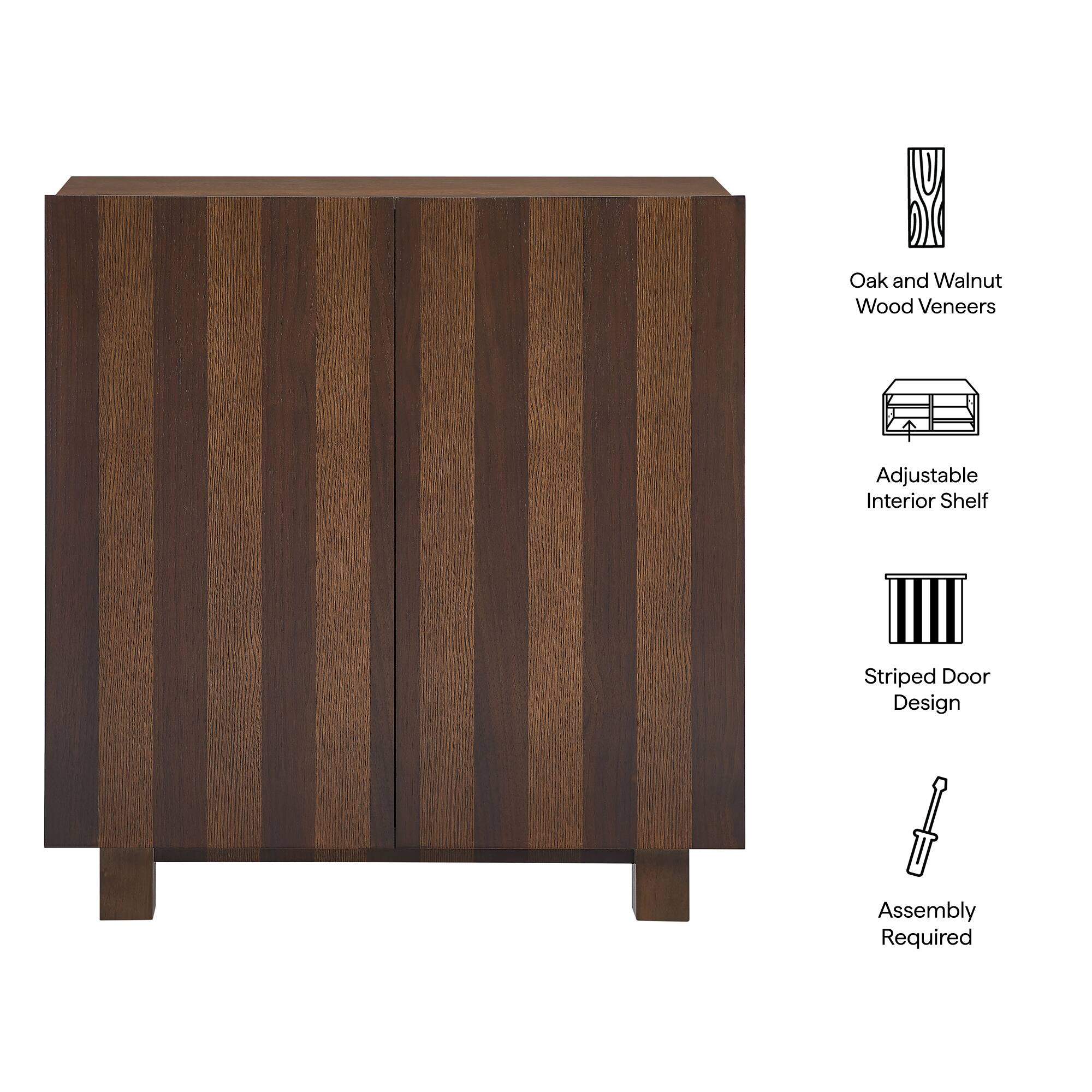 Oak and Walnut Wood Veneers Adjustable Interior Shelf Striped Door Design Assembly Required