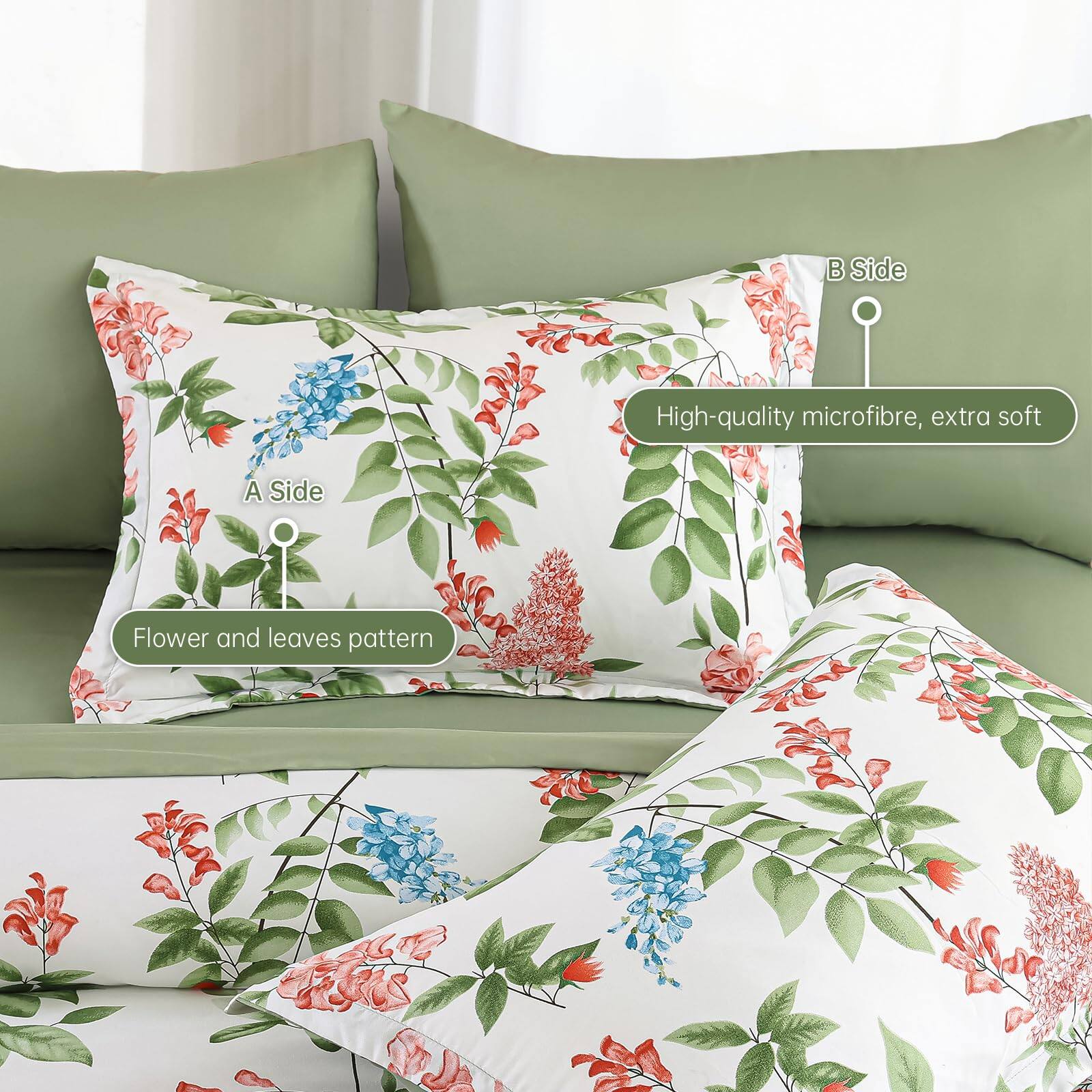 - A Side
- B Side
- High-quality microfibre, extra soft
- Flower and leaves pattern