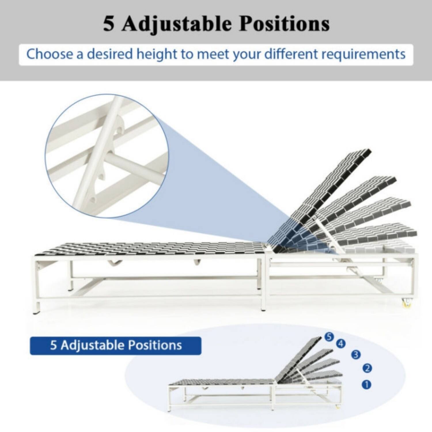 5 Adjustable Positions  
Choose a desired height to meet your different requirements  

5 Adjustable Positions  
5 4 3 2 1