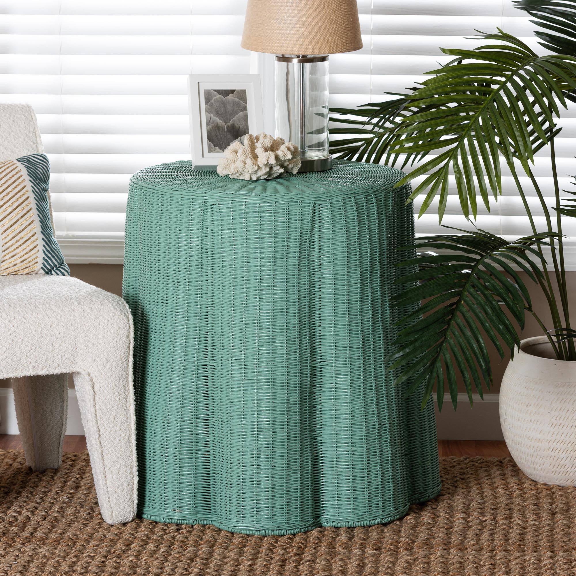 Alt View 1. bali & pari - Palm Scallop Rattan Console Table – Handwoven Wicker Round Accent Table Green - Teal Green.