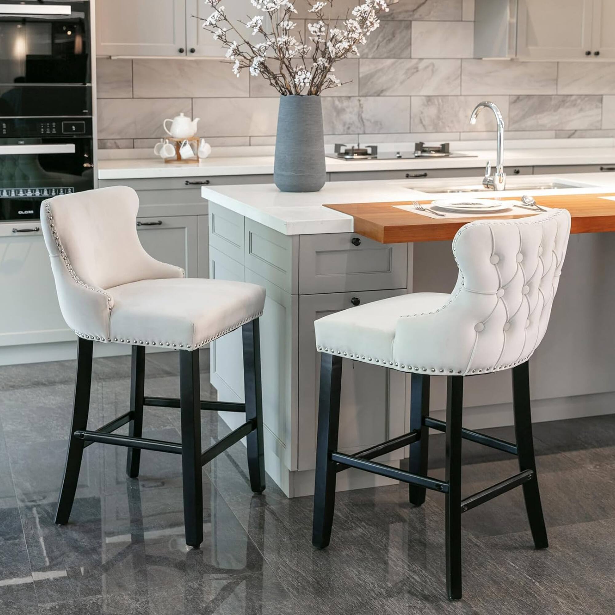 Alt View 1. HTUTWOO - Velvet Bar Stools Set of 2, Wingback Counter Height Chairs with Solid Wood Legs and Nailhead Trim for Kitchen Island - Beige.