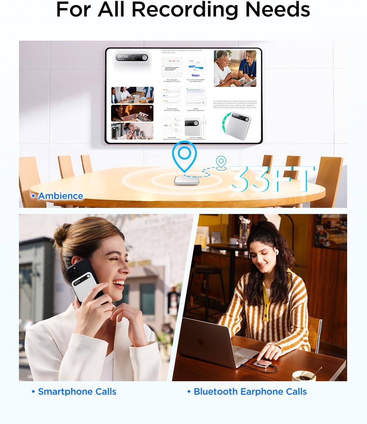 For All Recording Needs

BOYA

- Ambience
  33FT
- Smartphone Calls
- Bluetooth Earphone Calls