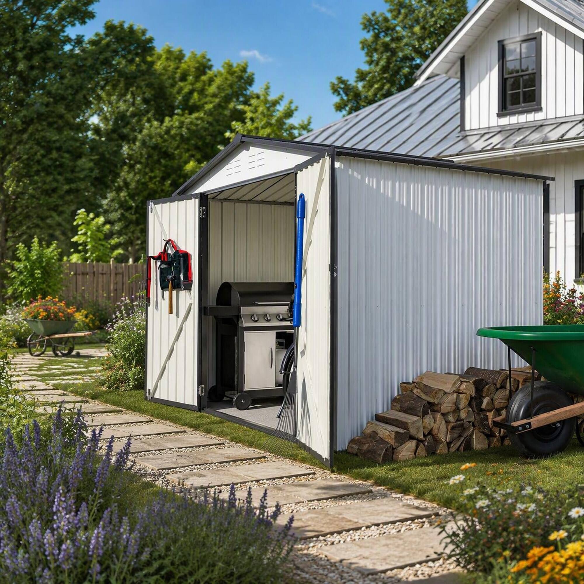 Back. RYHNUYNE - White 8x6 ft Steel Shed Lockable Doors Weatherproof Garden Tool House Backyard - White.