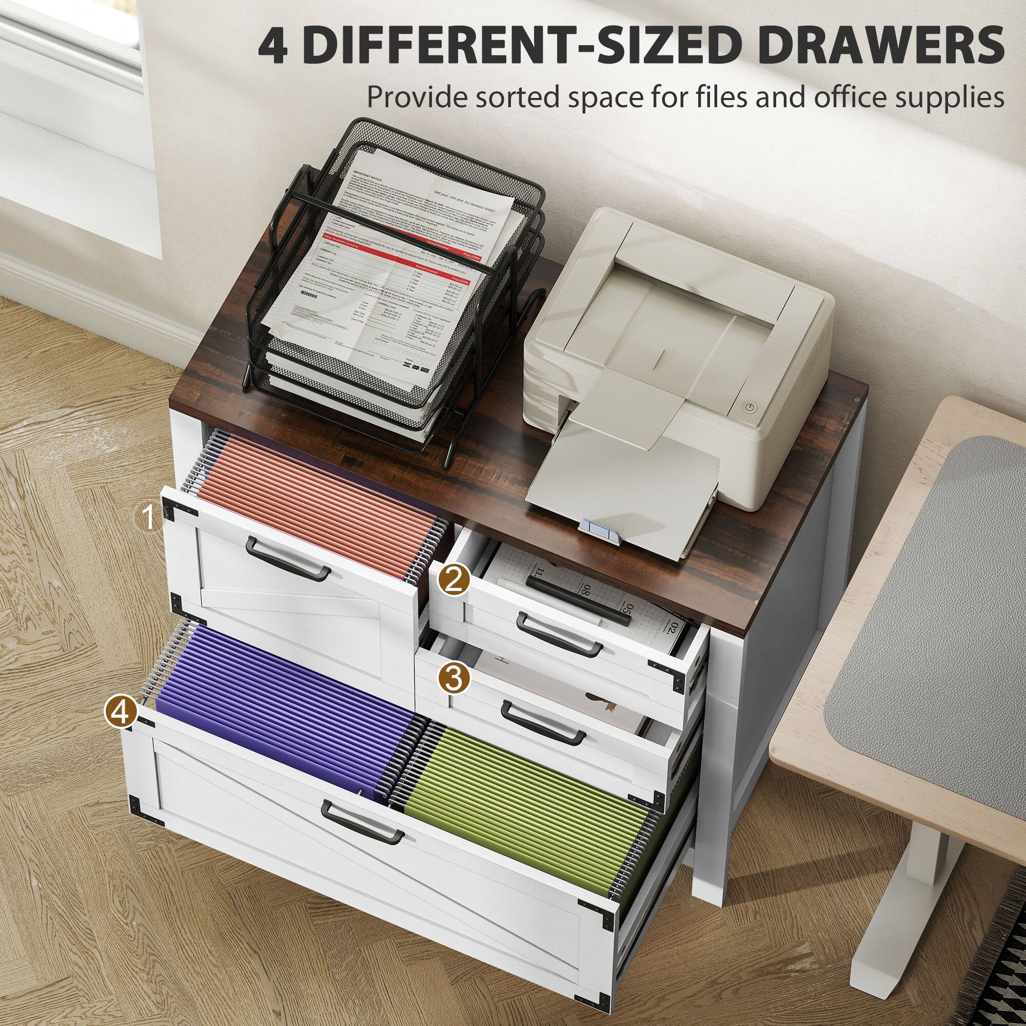 4 DIFFERENT-SIZED DRAWERS  
Provide sorted space for files and office supplies