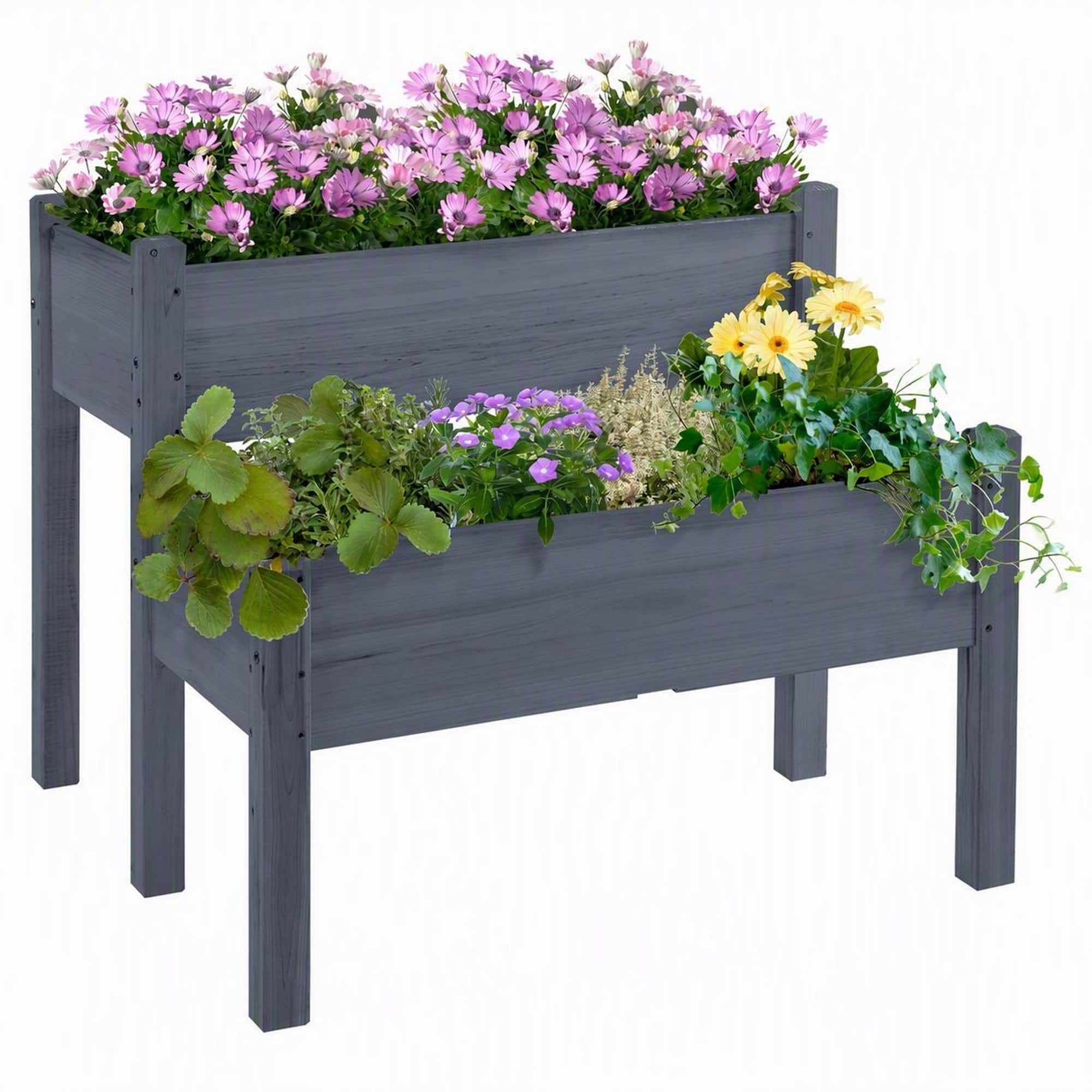 RYHNUYNE - Raised Garden Bed 2-Tier Elevated Wood Planter Box for Patio Backyard to Grow Vegetables Herbs Flowers - Gray