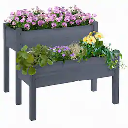 RYHNUYNE - Raised Garden Bed 2-Tier Elevated Wood Planter Box for Patio Backyard to Grow Vegetables Herbs Flowers - Gray