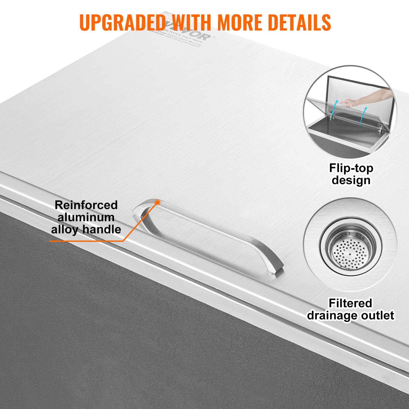 UPGRADED WITH MORE DETAILS

- Reinforced aluminum alloy handle
- Flip-top design
- Filtered drainage outlet