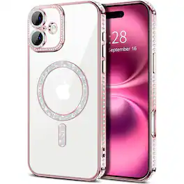 Entronix - Magnetic Case for iPhone 17 - Clear Back with Luxury Rhinestones - Pink