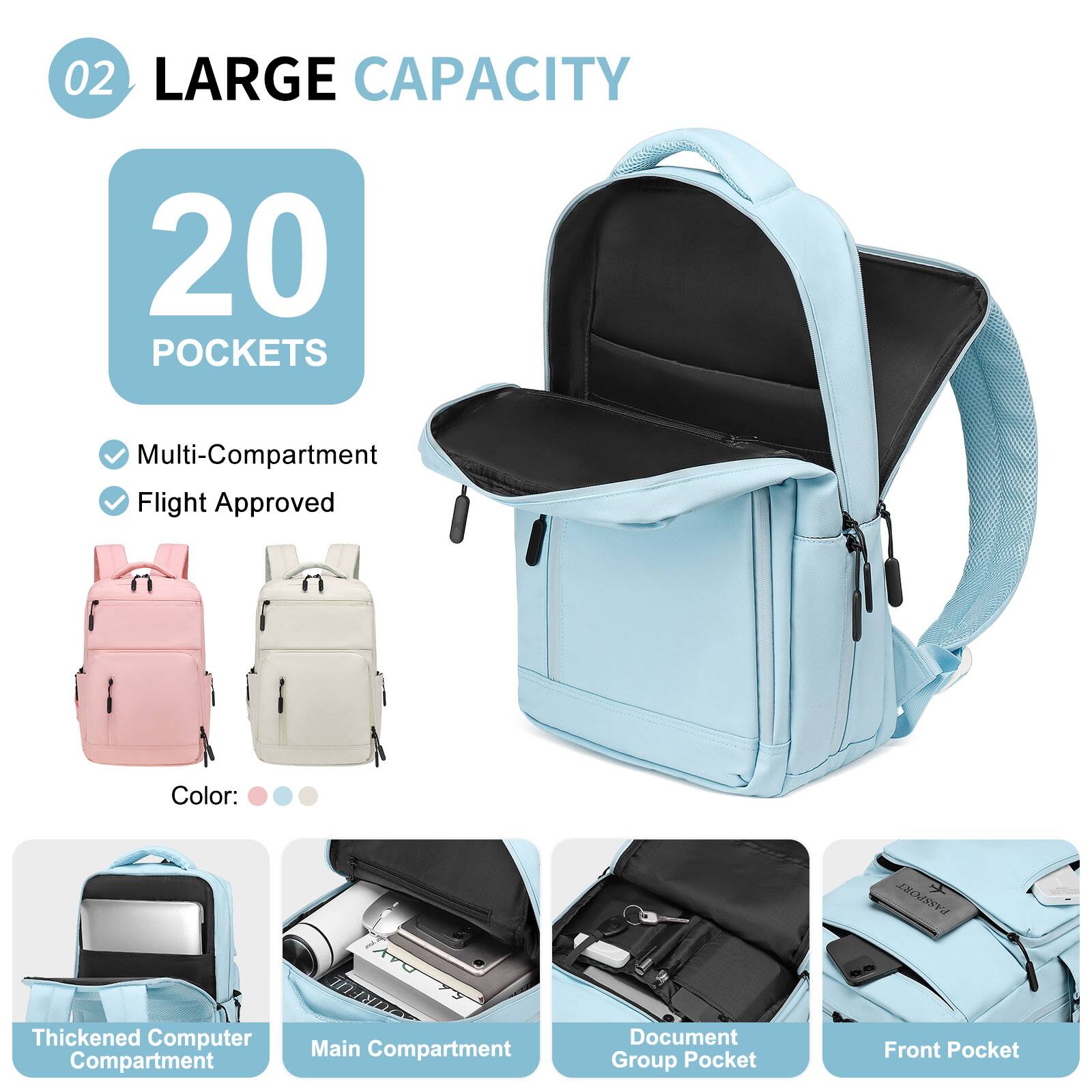 02 LARGE CAPACITY

20 POCKETS

- Multi-Compartment
- Flight Approved

Color: [Color options]

- Thickened Computer Compartment
- Main Compartment
- Document Group Pocket
- Front Pocket