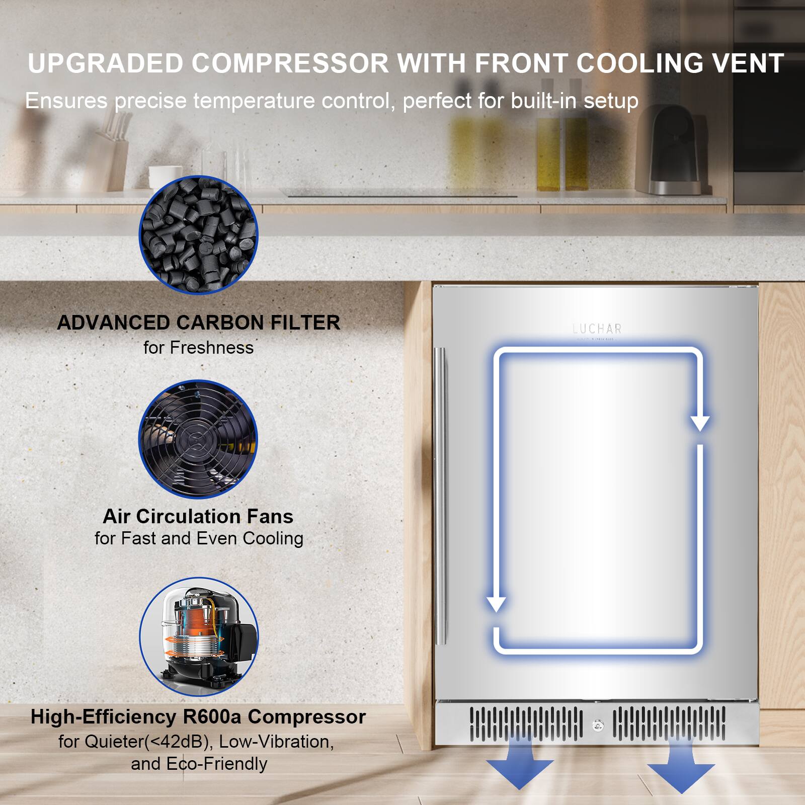 UPGRADED COMPRESSOR WITH FRONT COOLING VENT  
Ensures precise temperature control, perfect for built-in setup  

ADVANCED CARBON FILTER  
for Freshness  

Air Circulation Fans  
for Fast and Even Cooling  

High-Efficiency R600a Compressor  
for Quieter (<42dB), Low-Vibration, and Eco-Friendly