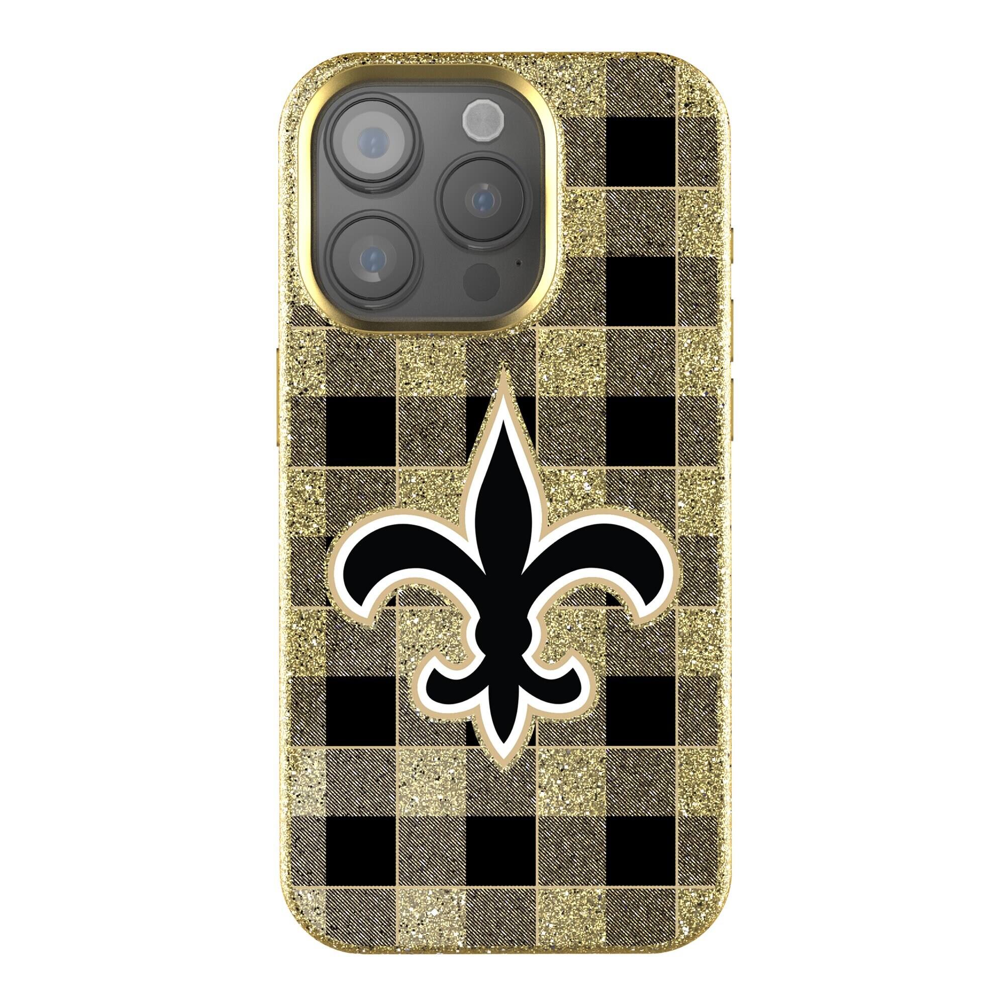 Front. Keyscaper - New Orleans Saints Plaid Bling iPhone Case - 14 - Gold.