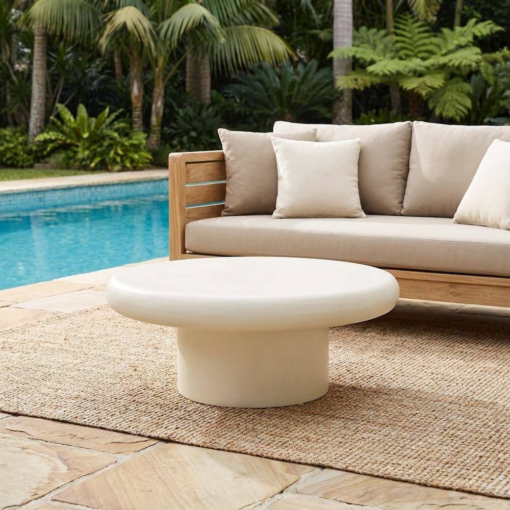 Left. Outdoor Escape - Outdoor Concrete Round Coffee Table with Durable Surface - White.