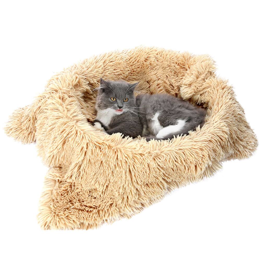 Alt View 8. Fluffee - Woven Cat Bed with Removable Washable Cushion & Blanket, Cozy Indoor Cat Bed, Warm Round Pet Bed for 0-15kg Cats & Dogs - Beige.