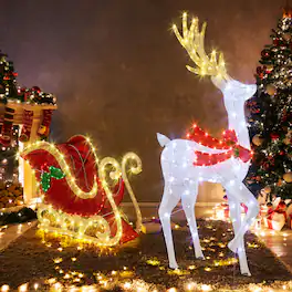 Gymax - Lighted Christmas Reindeer & Sleigh Set Light-up Xmas Decorations w/462 LED - White, Red, Green