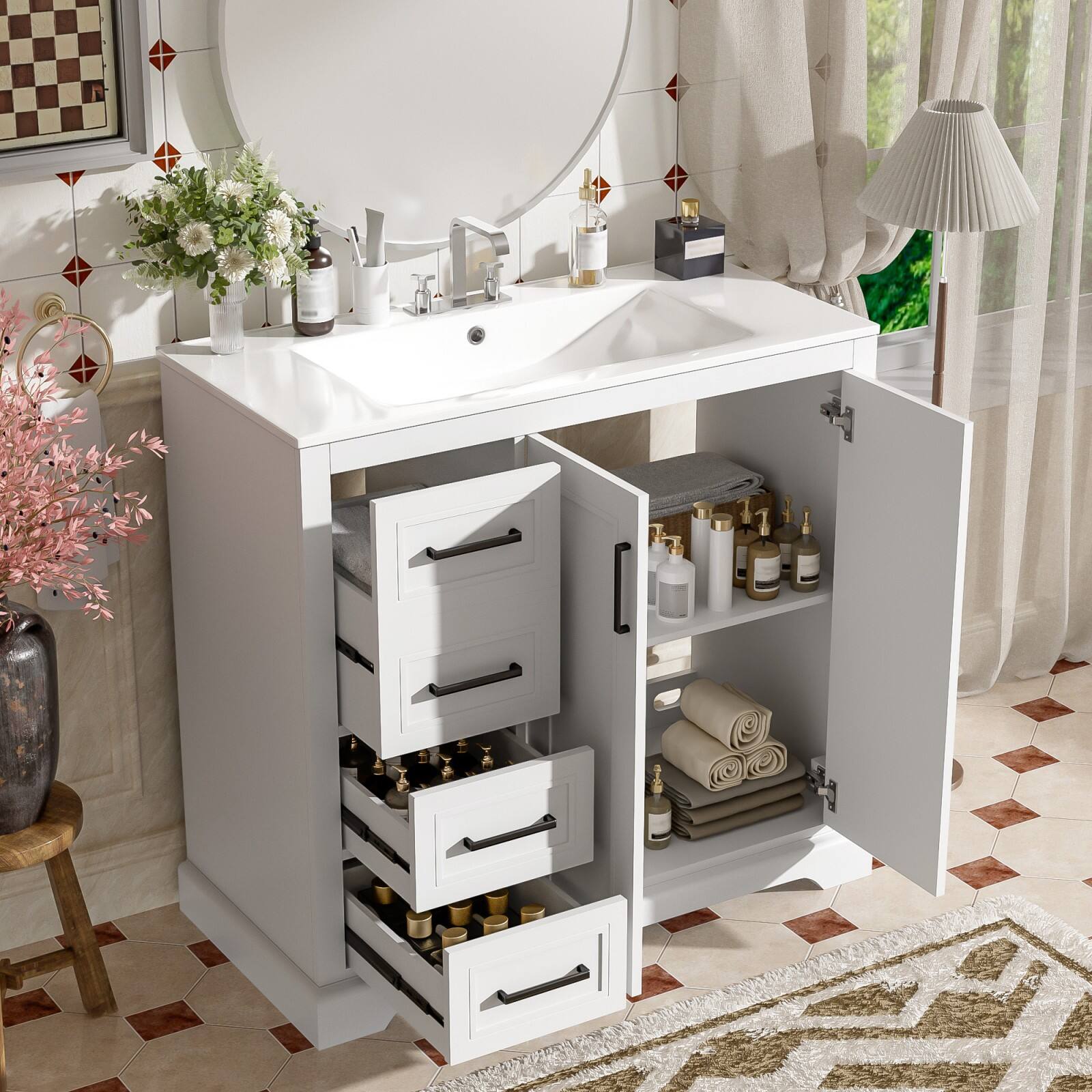 Alt View 1. Ecooso - 36" Bathroom Vanity with Ceramic Sink, 3 Drawers, Adjustable Shelf, Soft-Close Doors - White.