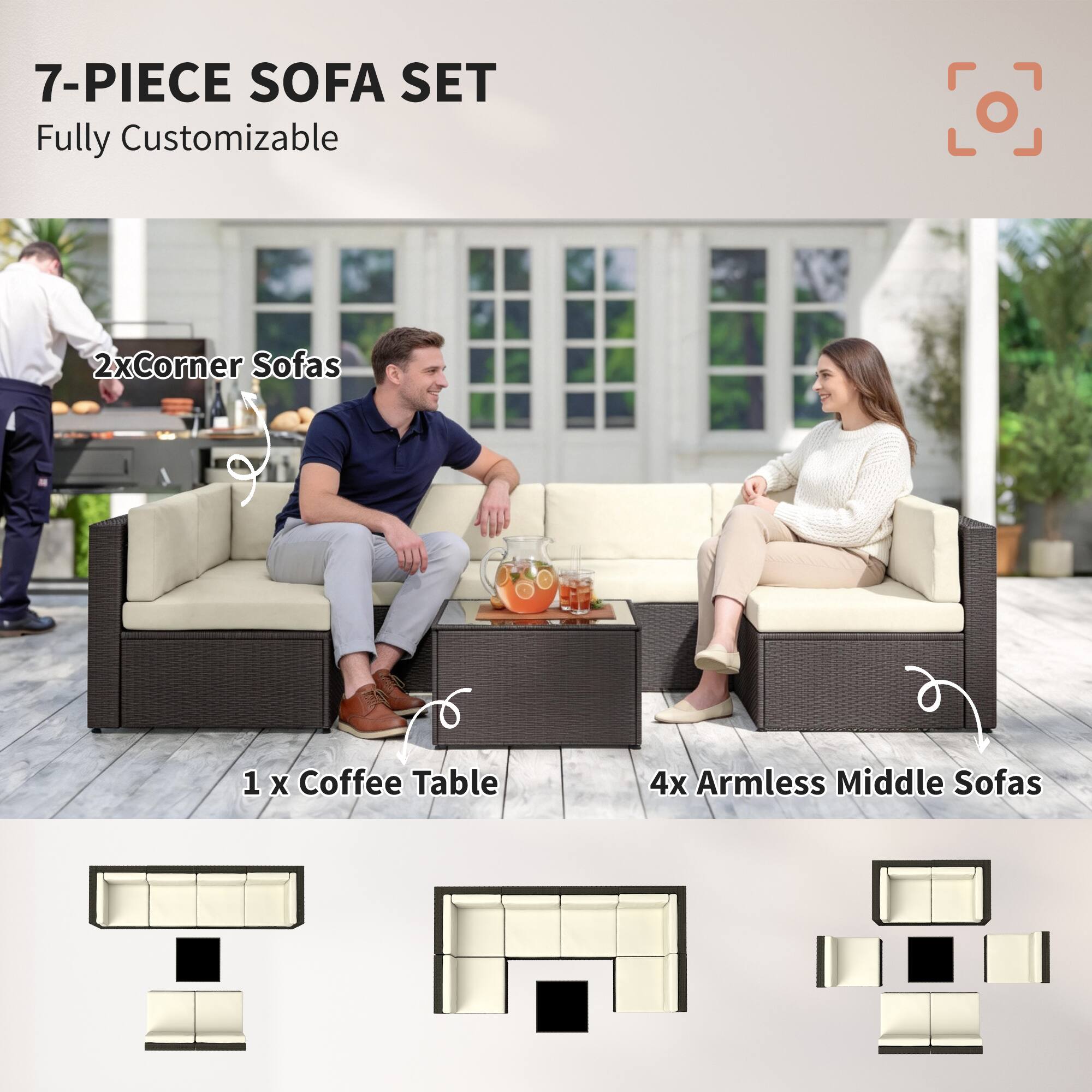 7-PIECE SOFA SET  
Fully Customizable  

2x Corner Sofas  
1 x Coffee Table  
4x Armless Middle Sofas