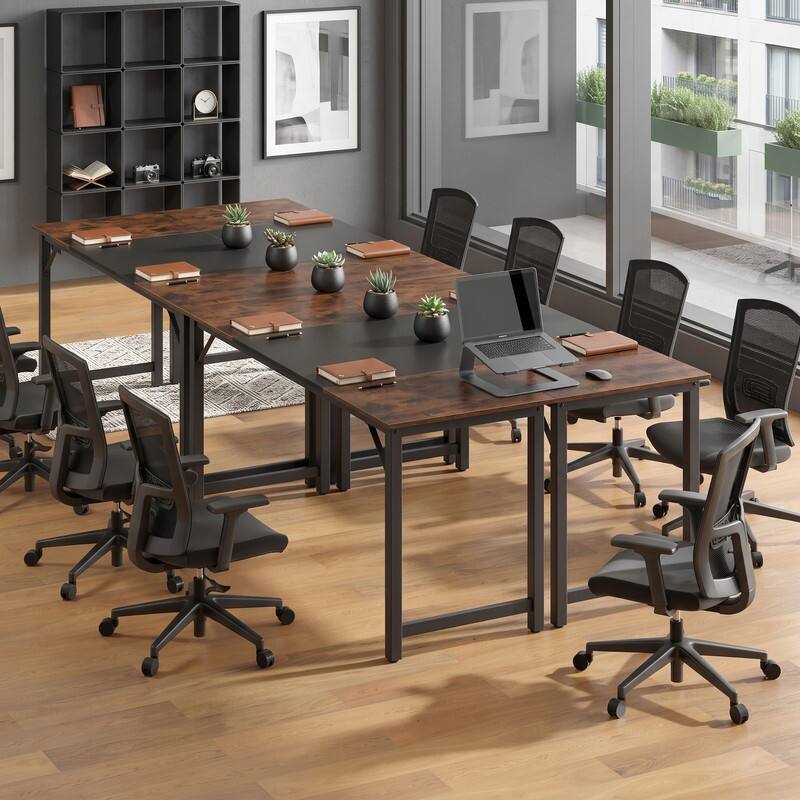 Left. WELLFOR - 63" Modern Splice Computer Desk with Heavy Duty Steel Frame, Large Home Office Desk Executive Desk - Brown.