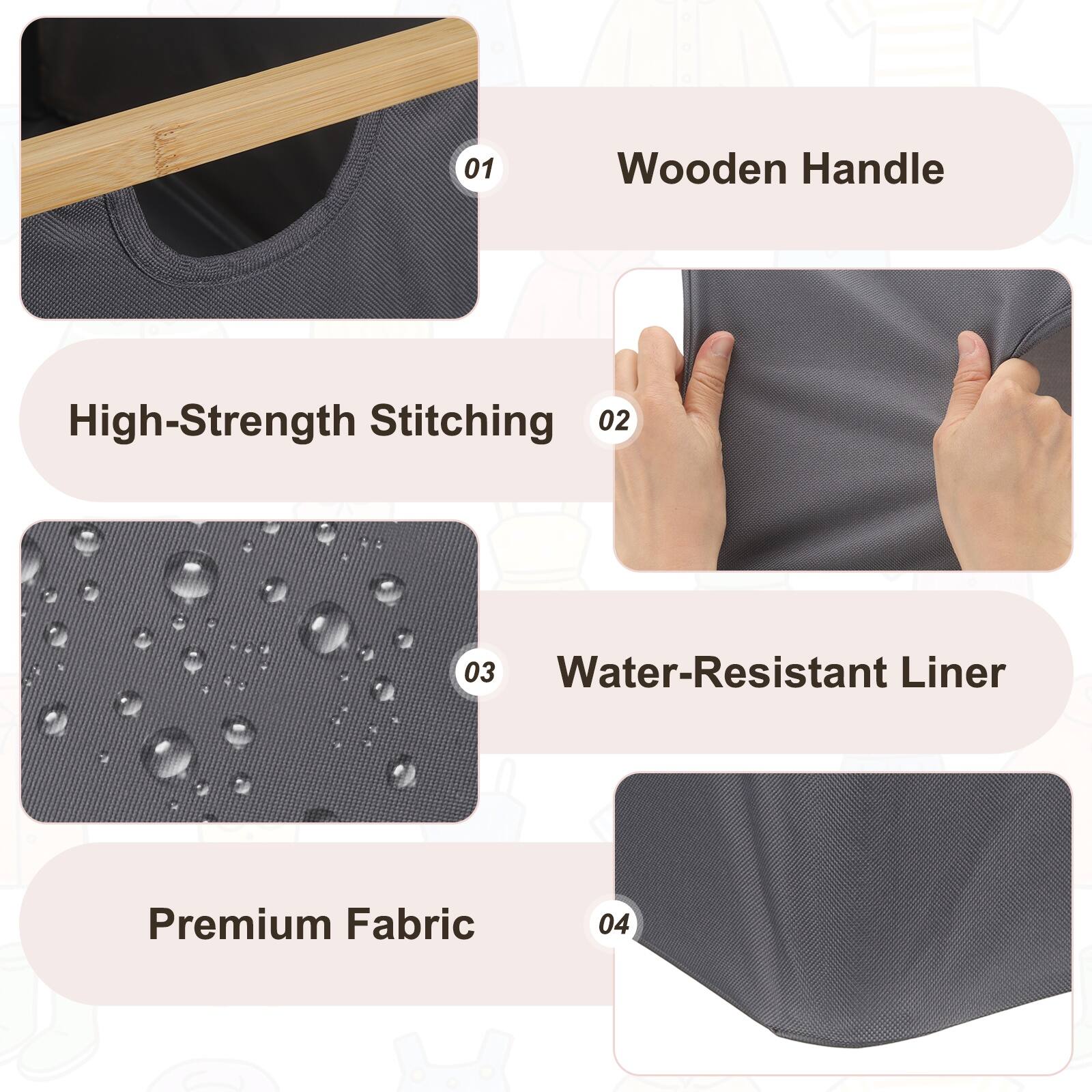 01 Wooden Handle High-Strength Stitching  
02 Water-Resistant Liner  
03 Premium Fabric