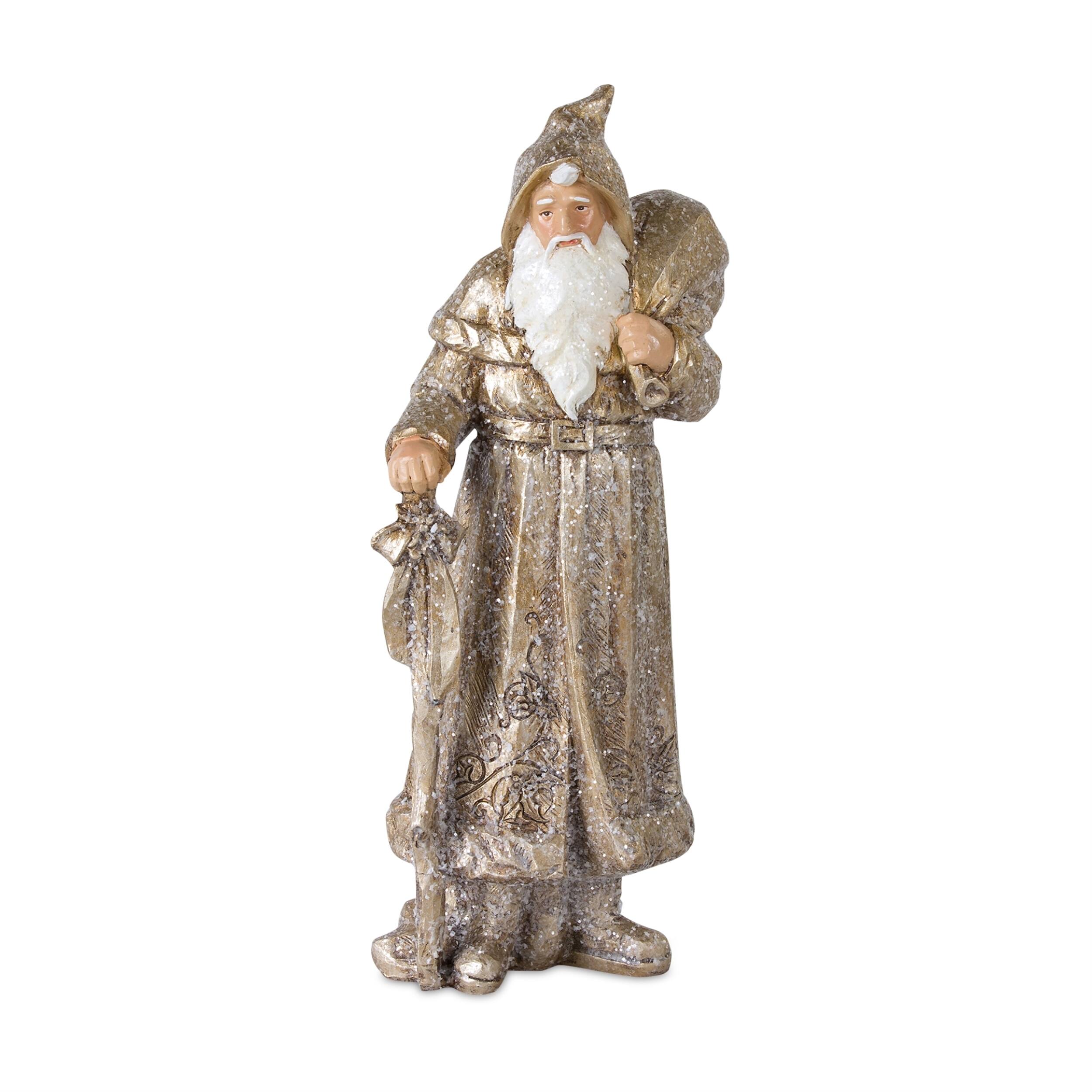 Angle. BreeBe - Stone Woodland Santa with Gold Finish (Set of 3) - White, Gold, Champagne.