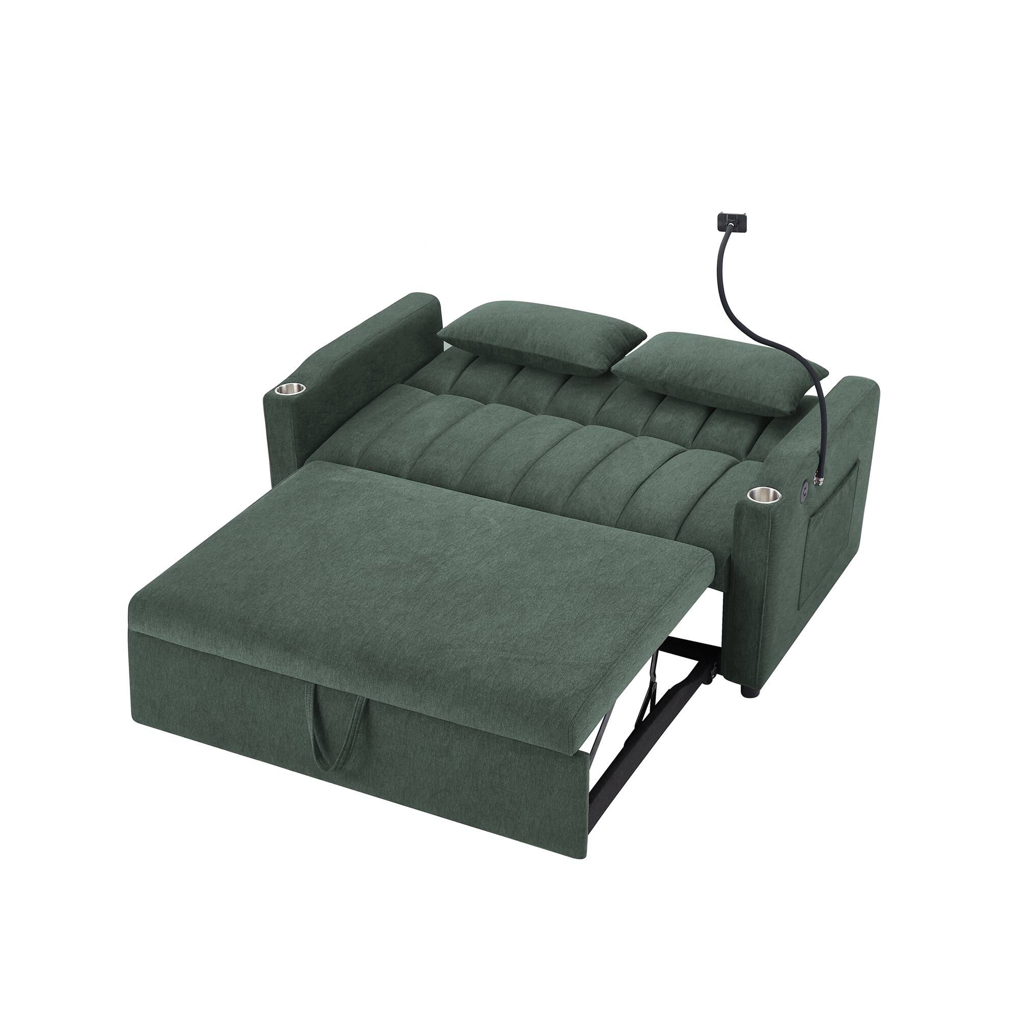 Left. Whisen - Convertible Sofa Bed Loveseat Sofa with Three USB Ports,Cup Holders,360°Swivel Phone Holder and Adjustable Backrest - Green.