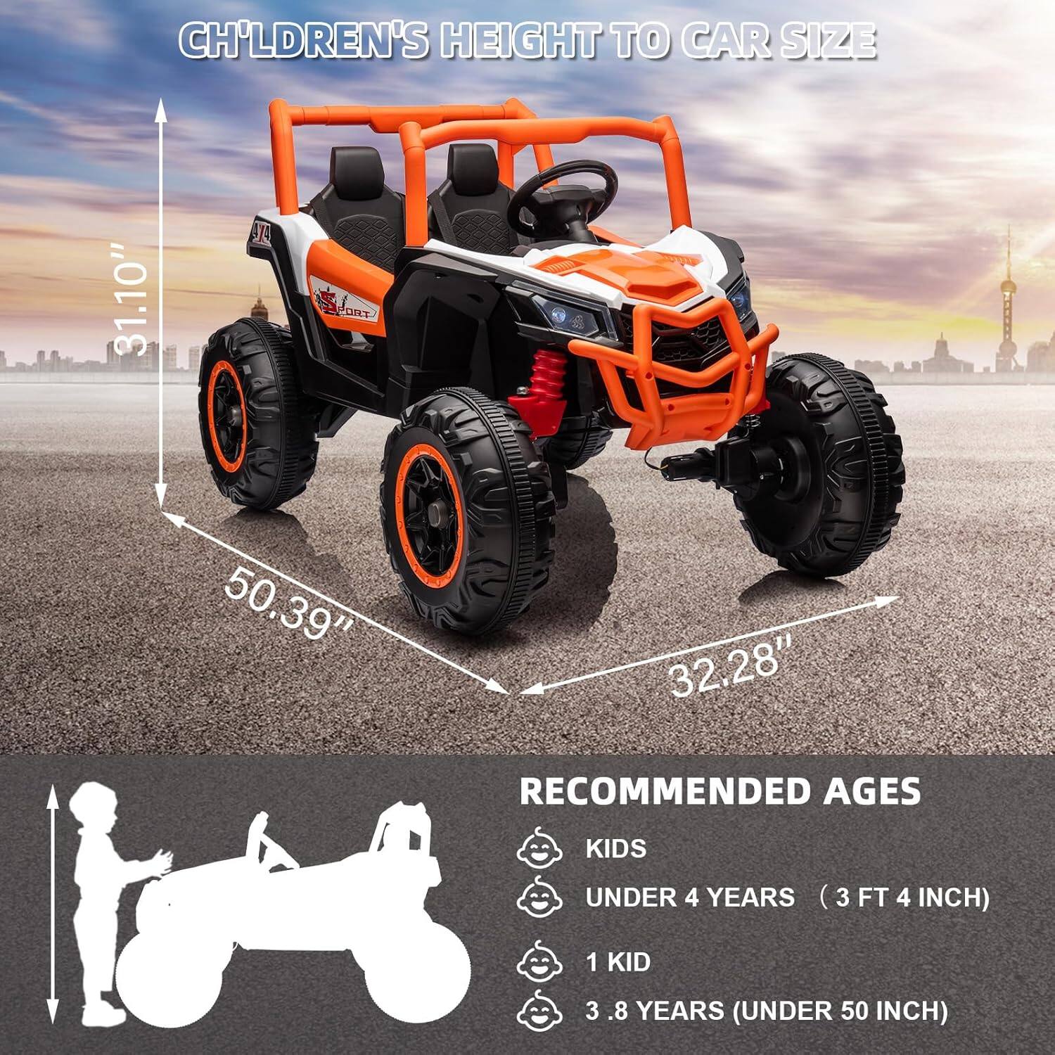 **Children's Height to Car Size**

- 31.10"
- 50.39"
- 32.28"

**Recommended Ages**

- Kids
  - Under 4 years (3 ft 4 in)
  - 1 kid
  - 3.8 years (under 50 in)