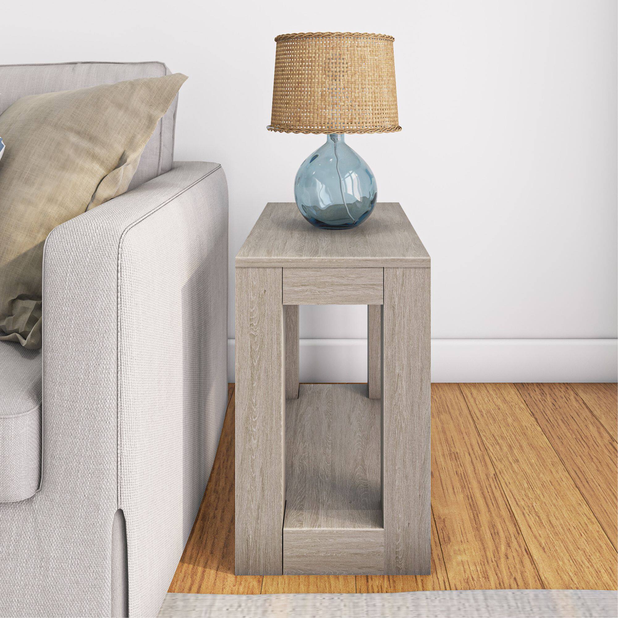Alt View 1. Plank+Beam - Modern Rectangular Side Table with Shelf (24in x 15in / 630mm x 375mm), Seashell Wirebrush - Seashell Wirebrush.