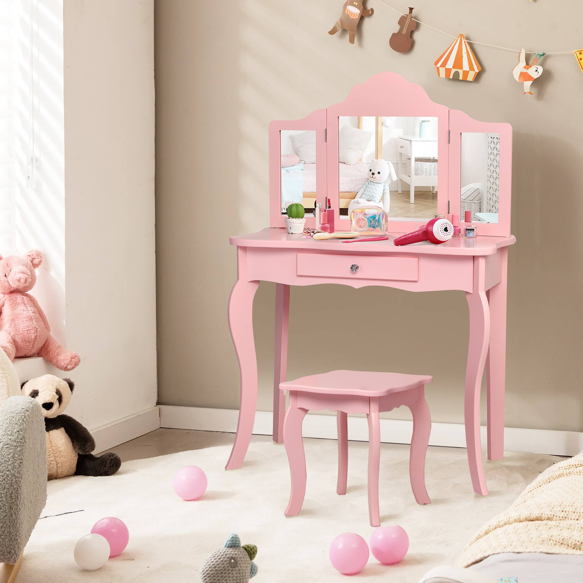Alt View 7. Costway - Costway Kids Vanity Table & Stool Princess Dressing Make Up Play Set for Girls - Pink.