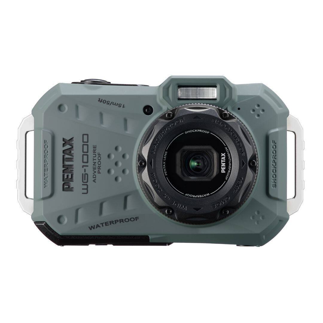Pentax waterproof camera with a 15m/50ft shockproof lens. The camera is designed for adventure and outdoor activities, providing protection from water and impacts.