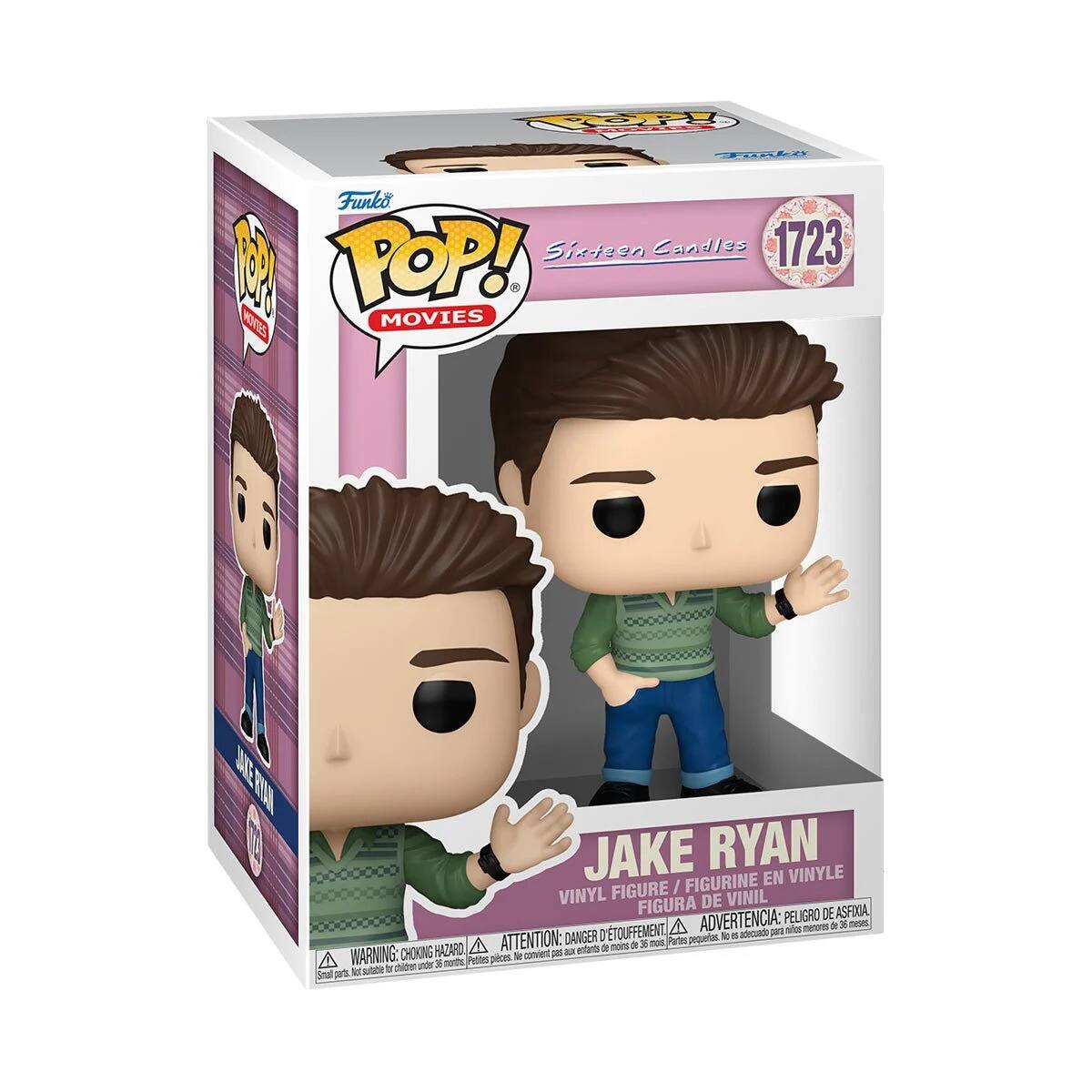 Sure, here is the corrected and grouped text from the image:

---

**Funko POP! MOVIES**

**Sixteen Candles**

**1723**

**JAKE RYAN**

**VINYL FIGURE / FIGURINE EN VINYLE / FIGURA DE VINIL**

**WARNING: CHOKING HAZARD**  
**ATTENTION: PELIGRO DE ASFIXIA**  
**ADVERTENCIA: PELIGRO DE ASFIXIA**  
**Small parts. Not for children under 3 years.**  
**Pequeñas piezas. No conviene para menores de 3 años.**  
**Petites pièces. Ne convient pas aux enfants de moins de 3 ans.**

---

This text is organized as it appears on the packaging.