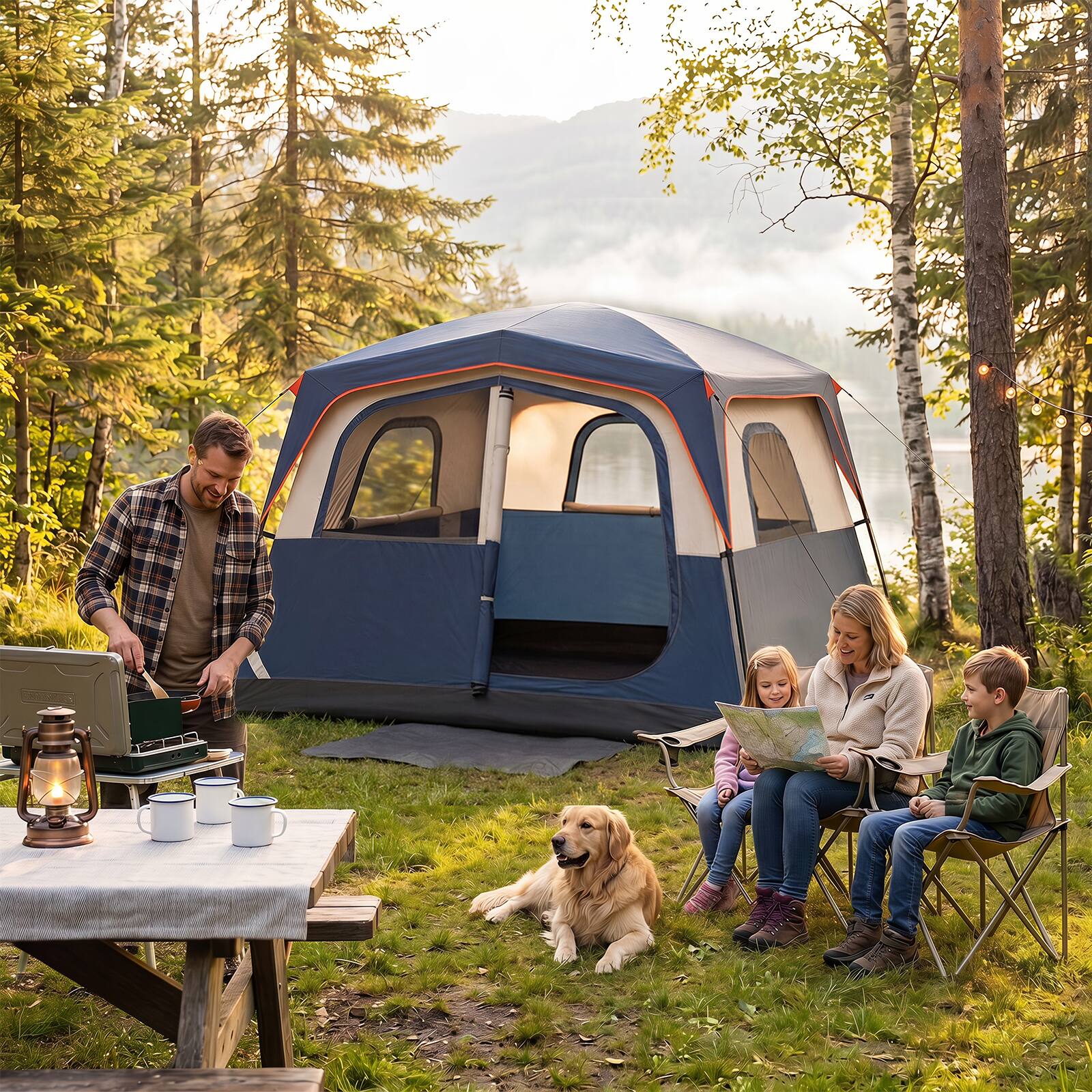 Alt View 1. Gymax - Gymax 6-Person Camping Tent w/ Top Rainfly Mesh Windows Large Door Ground Stakes Blue - Blue.