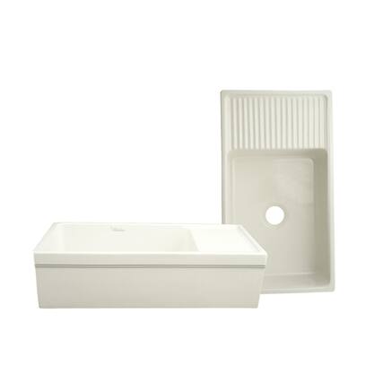 Front. Whitehaus - Farmhaus Fireclay Quatro Alcove Large Reversible Sink with Integral Drainboard and Decorative 2 ½" Lip on Both Sides - Cream.