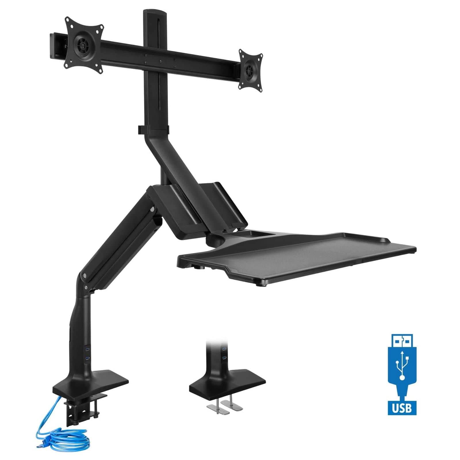 Alt View 7. Mount-It! - Adjustable Dual Monitor Sit-Stand Desk Mount with Gas Spring Arms, USB 3.0 Ports, Keyboard Tray & Office Storage, Black - Black.
